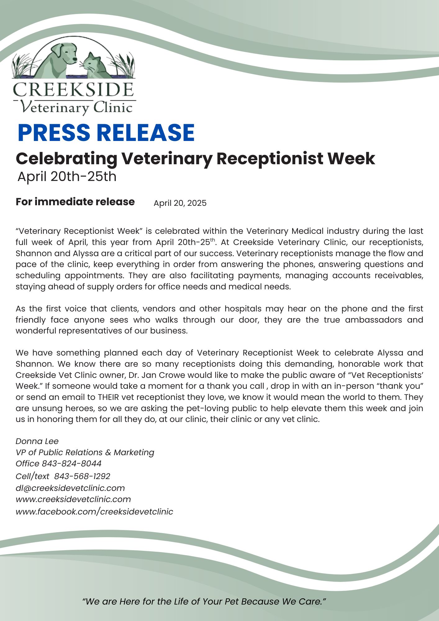 Press Release for Veterinary Receptionist Week